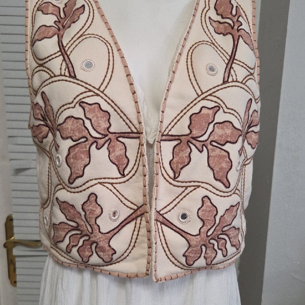 Vintage Embroidered Boho Vest Mirror Details Floral Crop Waistcoat [1021] Large - Picture 2 of 7